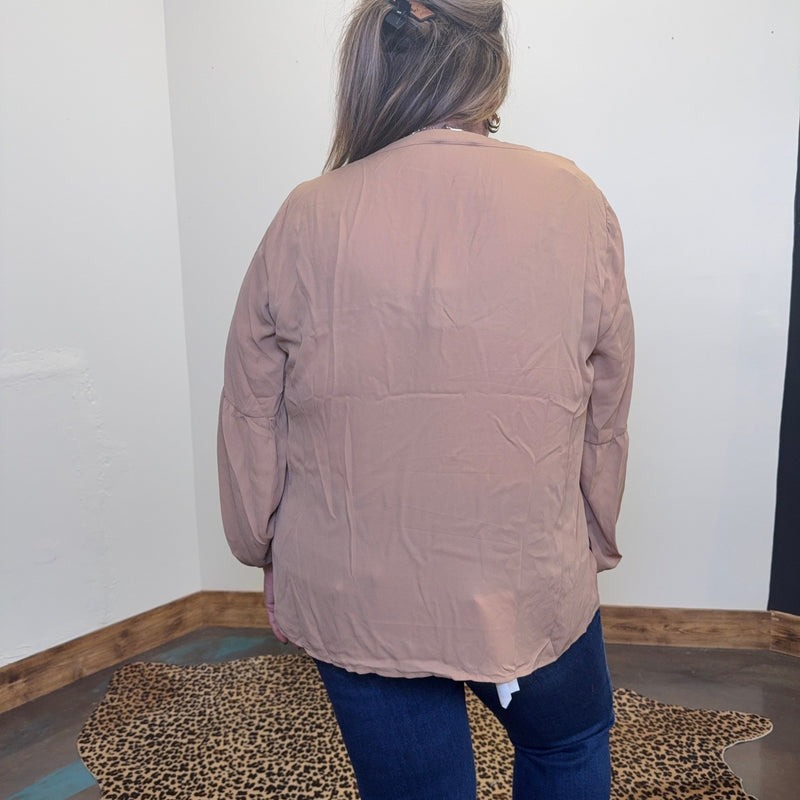 Mocha V Neck with Bubble Long Sleeve Blouse Top - Country Lace Boutique