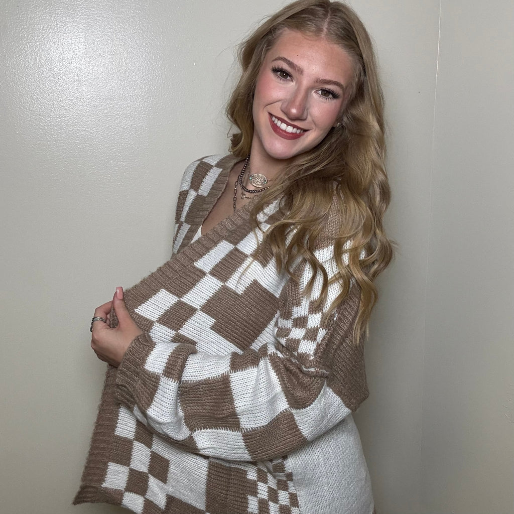 Mocha & White Checker Sweater Cardigan - Country Lace Boutique
