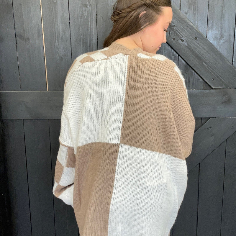 Mocha & White Checker Sweater Cardigan - Country Lace Boutique