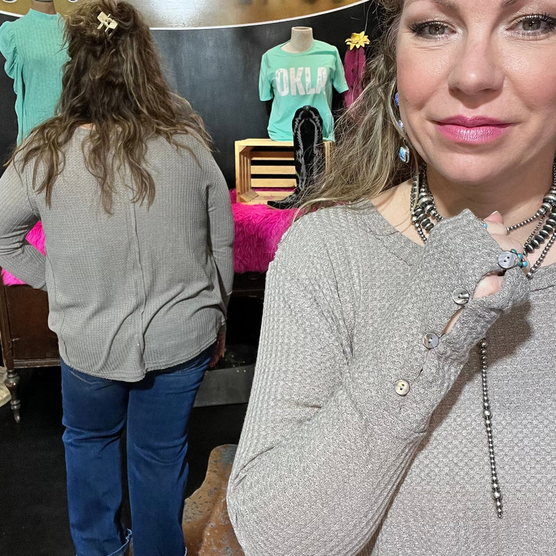 Mocha Wide Neck Thermal Knit Longsleeve Top - Country Lace Boutique