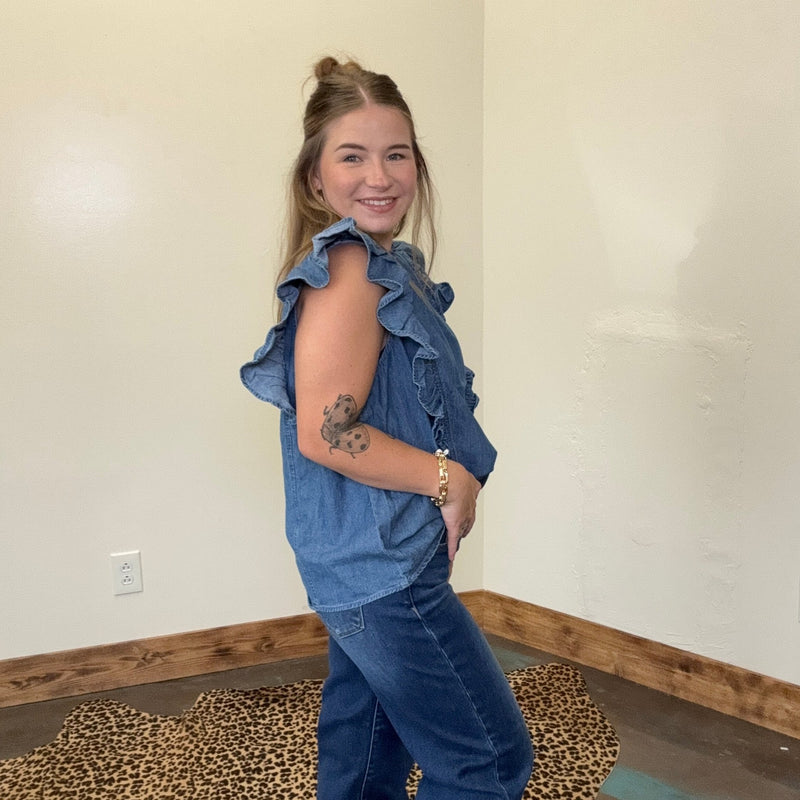 Mock Ruffle Trim Denim Cap Sleeve Top - Country Lace Boutique
