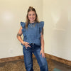 Mock Ruffle Trim Denim Cap Sleeve Top - Country Lace Boutique