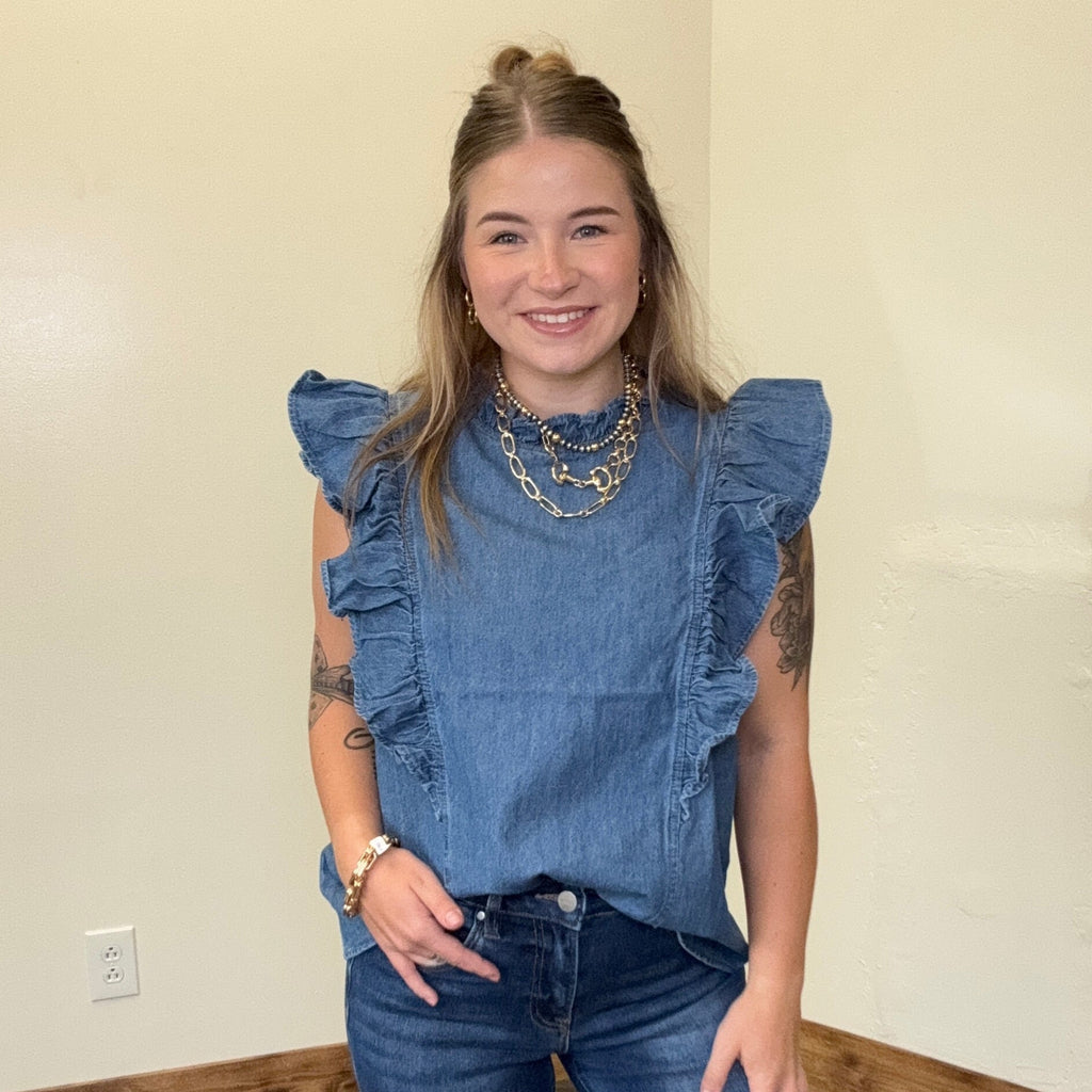 Mock Ruffle Trim Denim Cap Sleeve Top - Country Lace Boutique