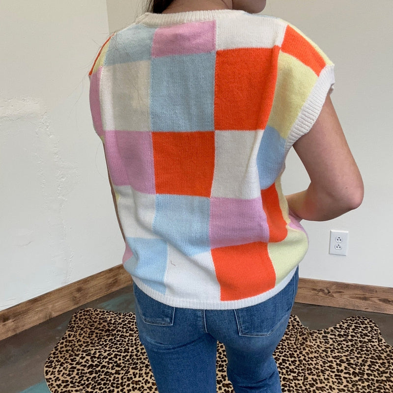 Multi Checker Rib Knit Sweater Vest - Country Lace Boutique