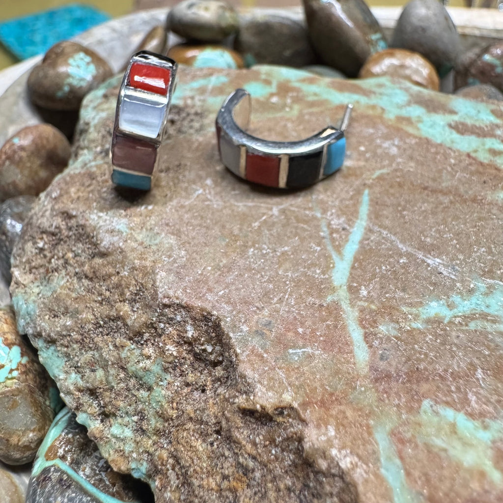 Multi Colored Zuni Inlay Hoop Post Sterling Silver Earring - Country Lace Boutique