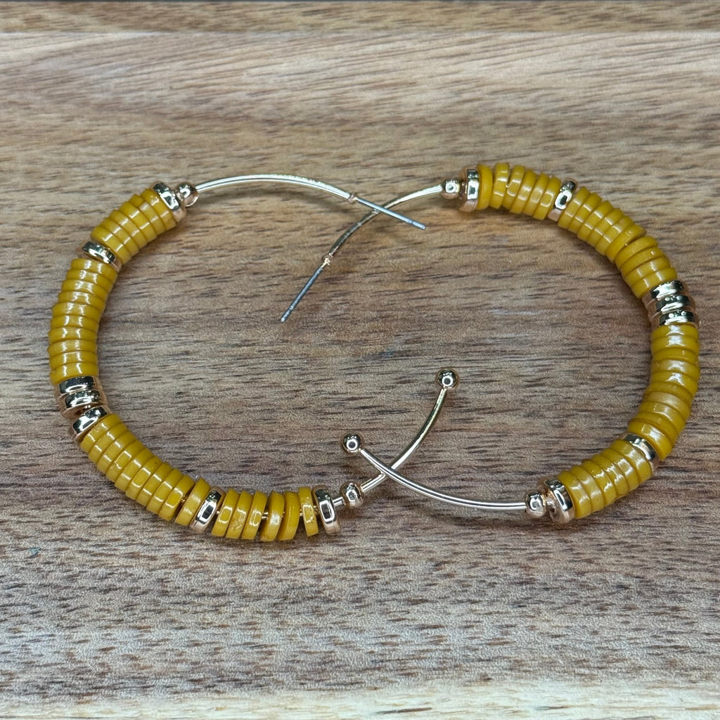 Mustard Yellow & Gold Beaded Patterned Big Hoop Post Fashion Earring - Country Lace Boutique