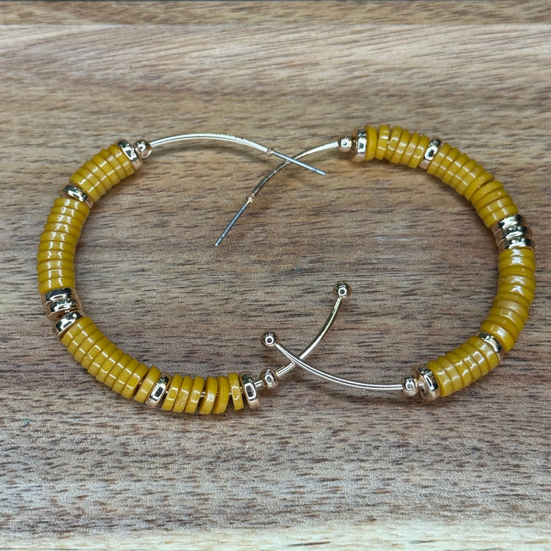 Mustard Yellow & Gold Beaded Patterned Big Hoop Post Fashion Earring - Country Lace Boutique