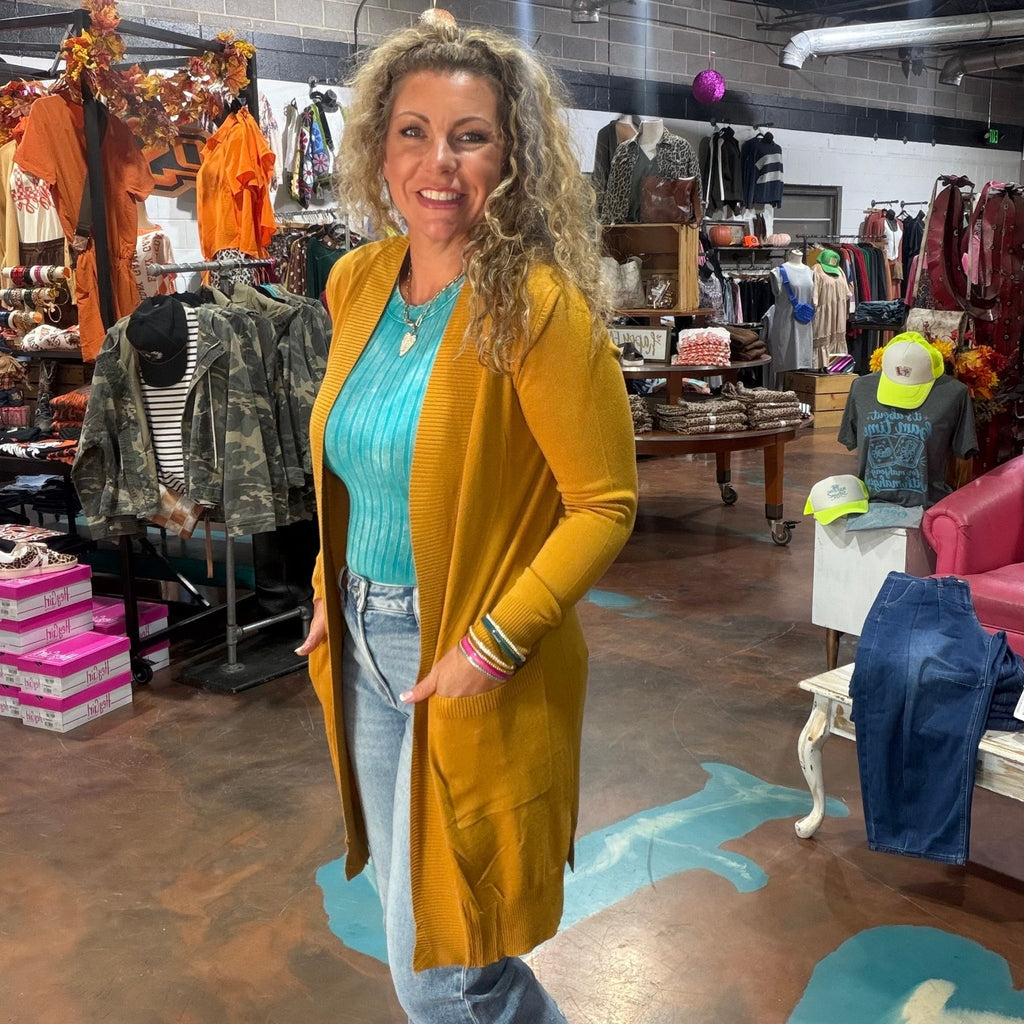 Mustard Yellow Long Sleeve Cardigan with pockets - Country Lace Boutique
