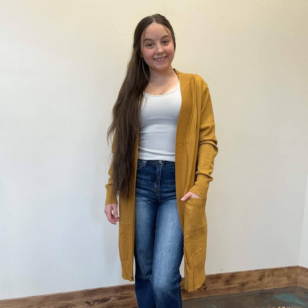 Mustard Yellow Open Front w/ Pockets Long Sleeve Cardigan - Country Lace Boutique