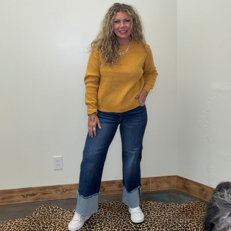 Mustard Yellow Soft Ribbed Crew Neck Long Sleeve Sweater - Country Lace Boutique