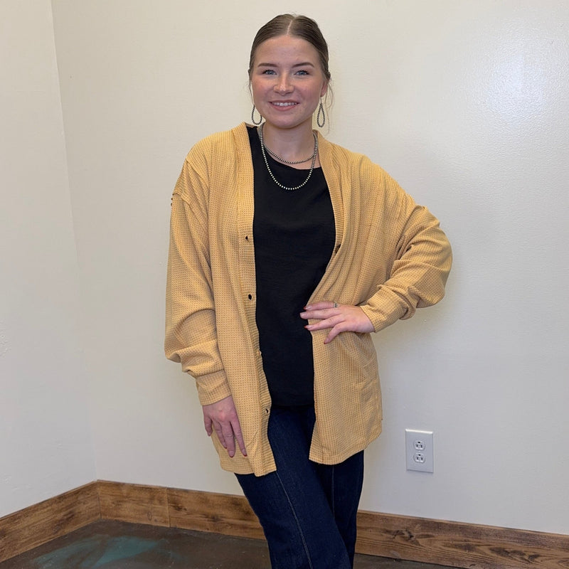 Mustard Yellow Waffle Button Down Long Sleeve Cardigan/Shacket - Country Lace Boutique