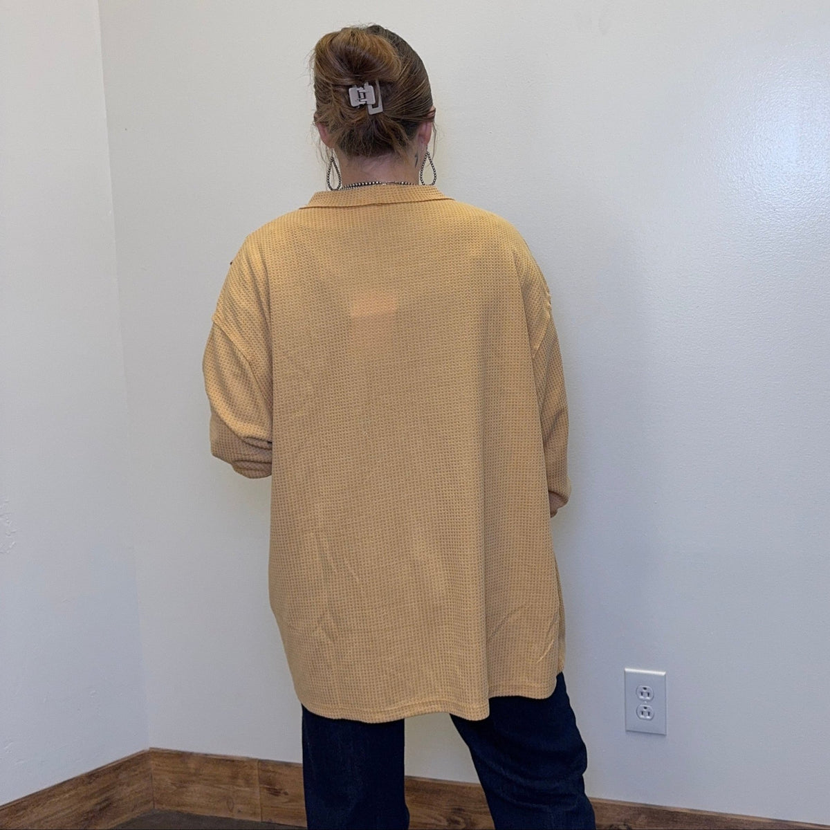 Mustard Yellow Waffle Button Down Long Sleeve Cardigan/Shacket - Country Lace Boutique