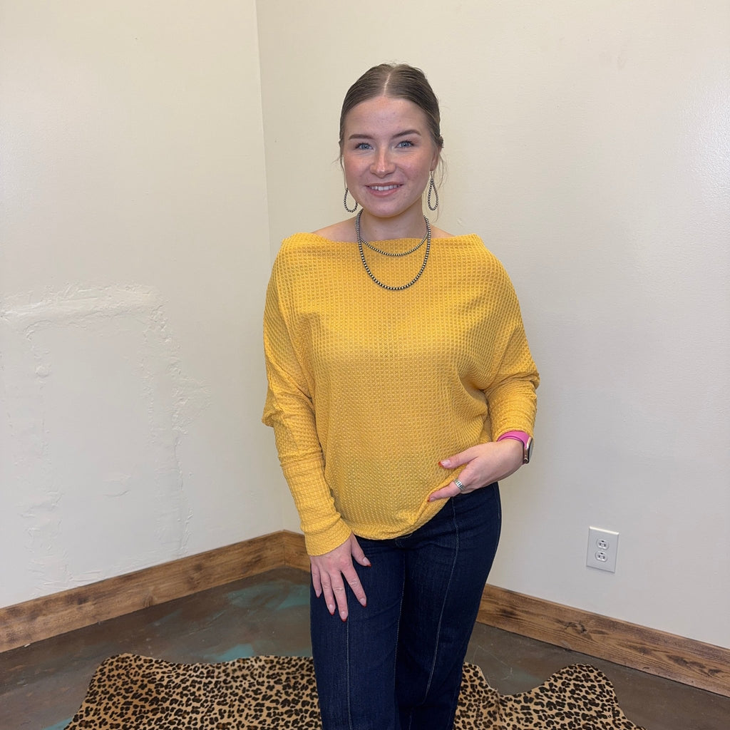 Mustard Yellow Wide Neck Waffle Dolman Long Sleeve Top - Country Lace Boutique
