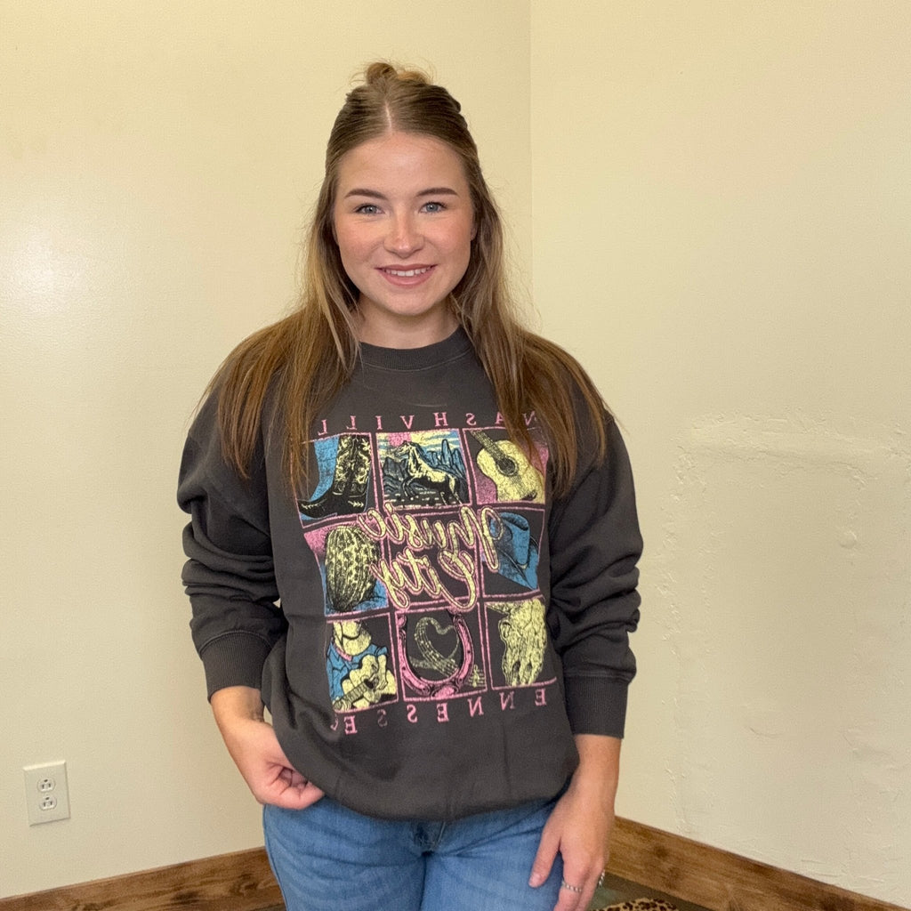 Nashville Music City Grey Long Sleeve Sweatshirt - Country Lace Boutique