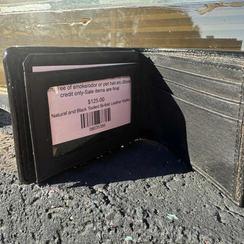 Natural and Black Tooled Bi - fold Leather Wallet - Country Lace Boutique