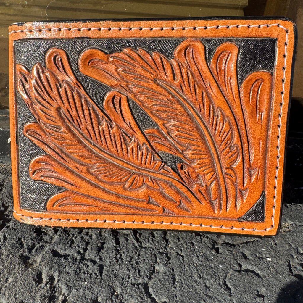 Natural and Black Tooled Bi - fold Leather Wallet - Country Lace Boutique