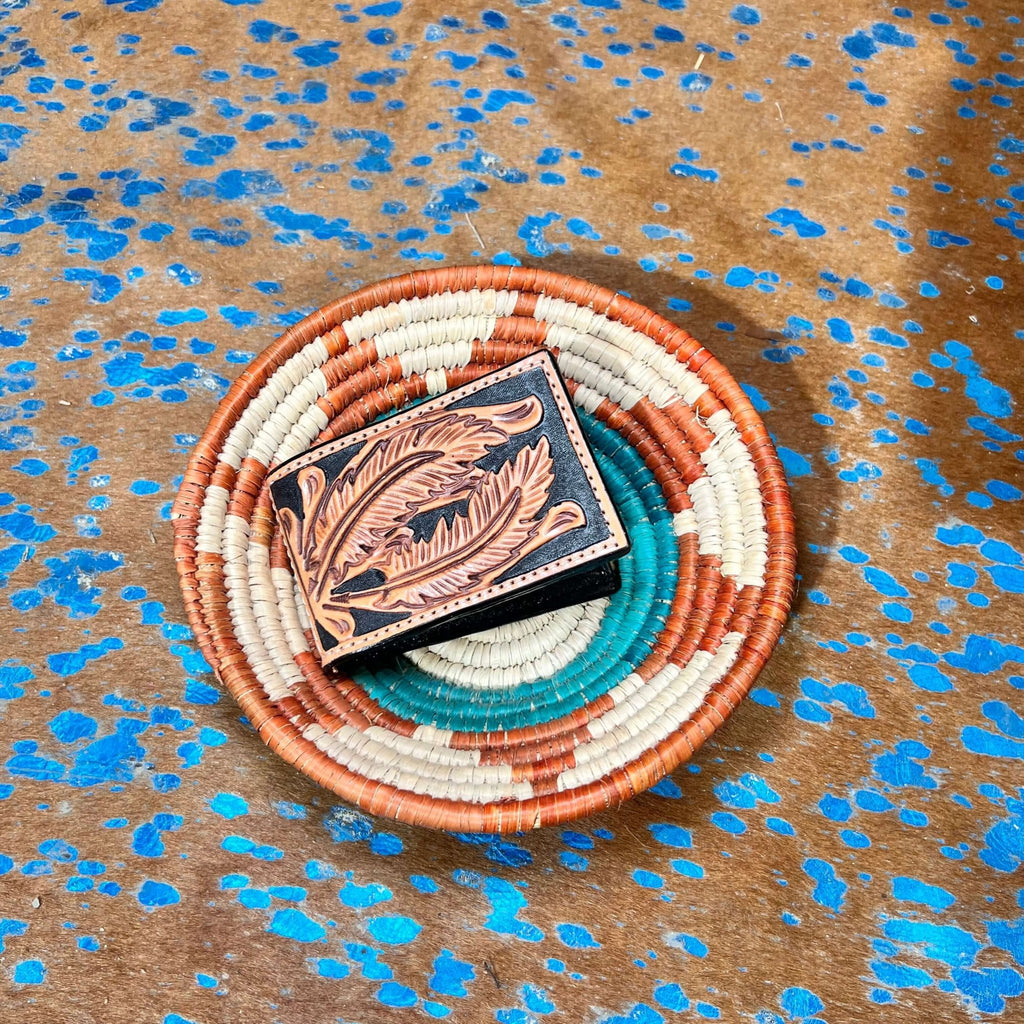 Natural and Black Tooled Bi - fold Leather Wallet/Clip - Country Lace Boutique