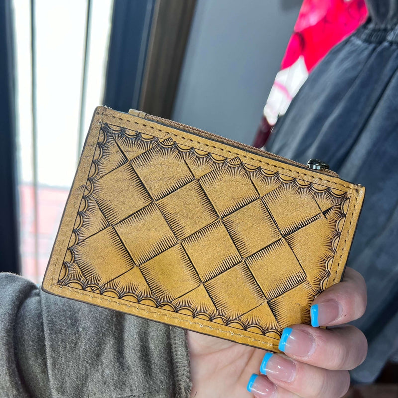 Natural Tooled Leather Card Holder with Zipper - Country Lace Boutique
