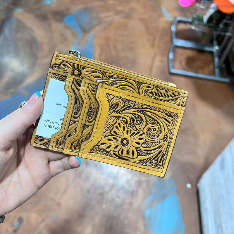 Natural Tooled Leather Card Holder with Zipper - Country Lace Boutique