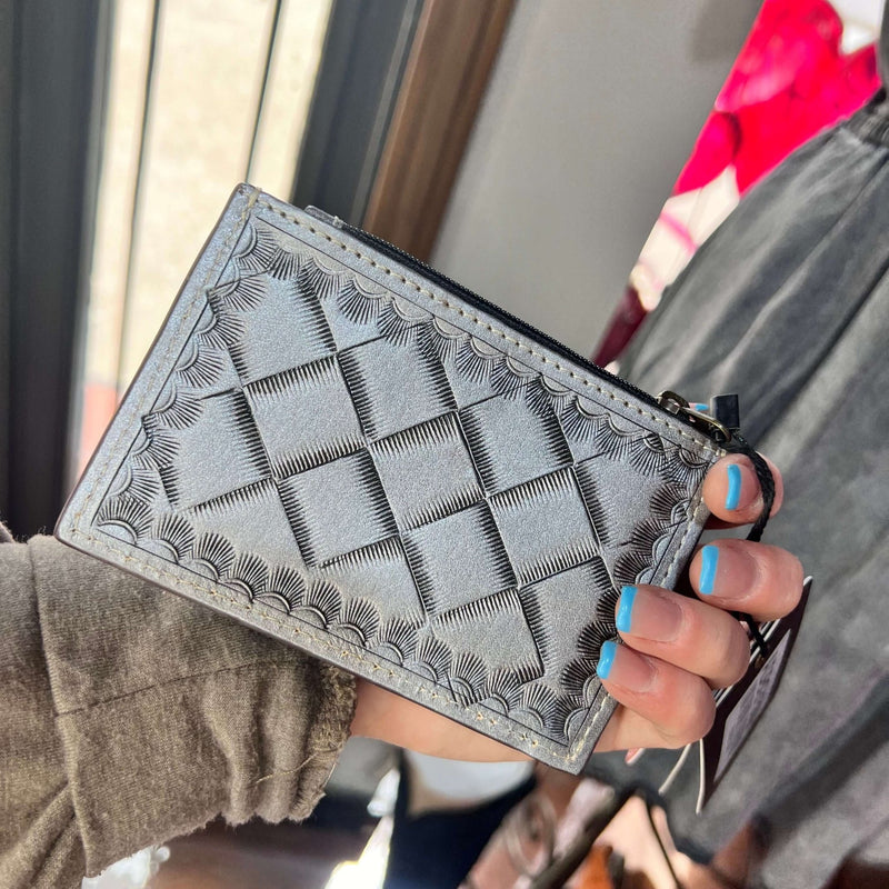 Natural Tooled Leather Card Holder with Zipper - Country Lace Boutique