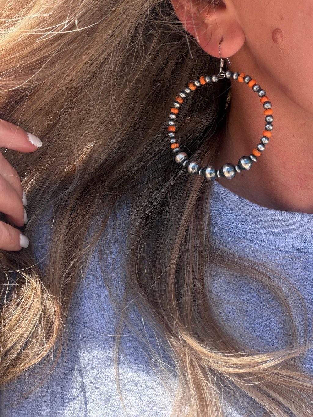 Navajo Pear & Orange Spiny Patterned French Hook Sterling Silver Earring - Country Lace Boutique