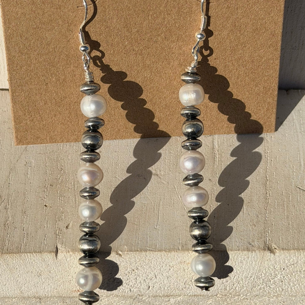 Navajo Pearl, Saucer, & Fresh Water Pearl Patterned Drop French Hook Sterling Silver Earring - Country Lace Boutique