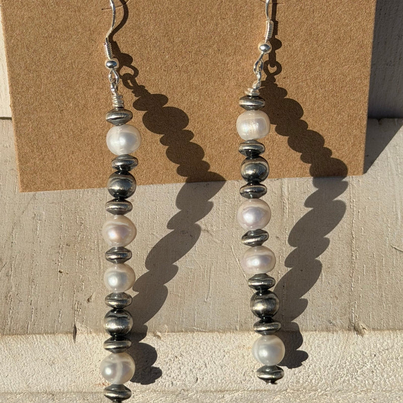 Navajo Pearl, Saucer, & Fresh Water Pearl Patterned Drop French Hook Sterling Silver Earring - Country Lace Boutique