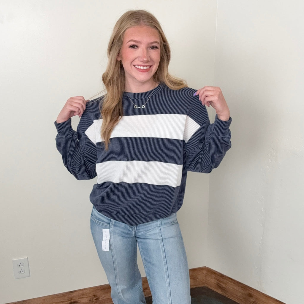 Navy Blue & White Ribbed Striped Long Sleeve Shirt - Country Lace Boutique