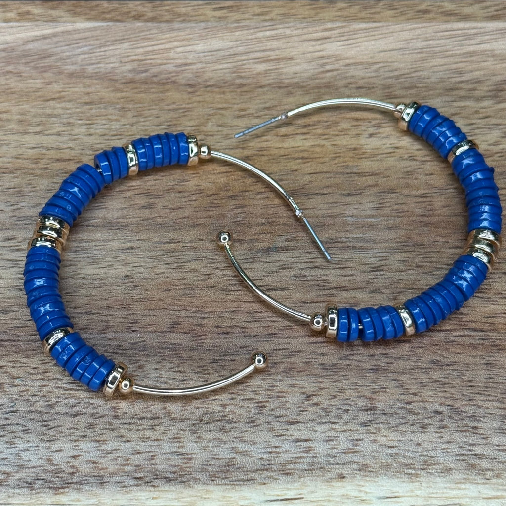 Navy & Gold Beaded Patterned Big Hoop Post Fashion Earring - Country Lace Boutique