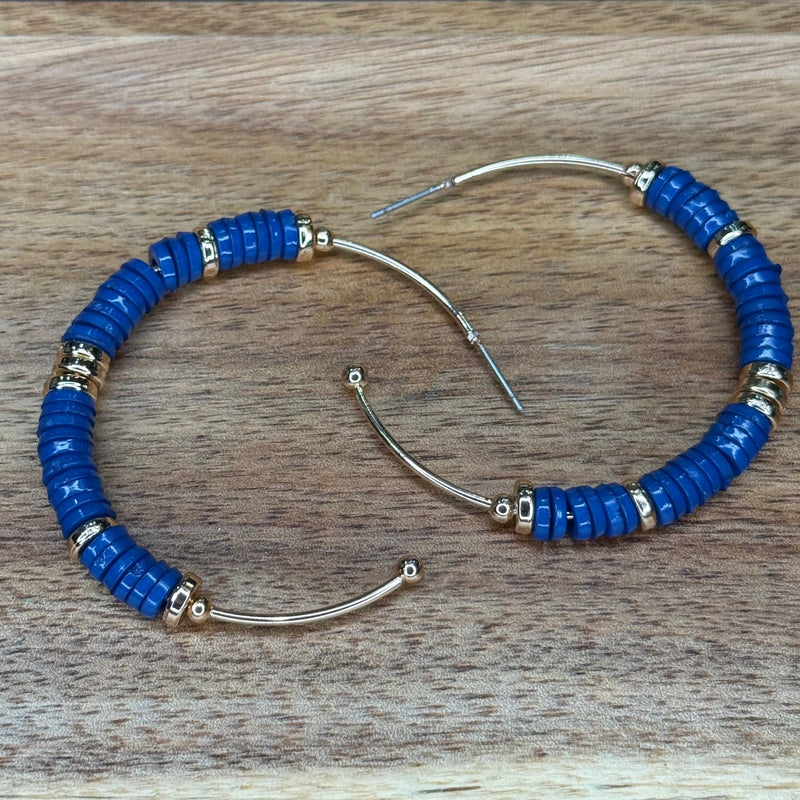 Navy & Gold Beaded Patterned Big Hoop Post Fashion Earring - Country Lace Boutique