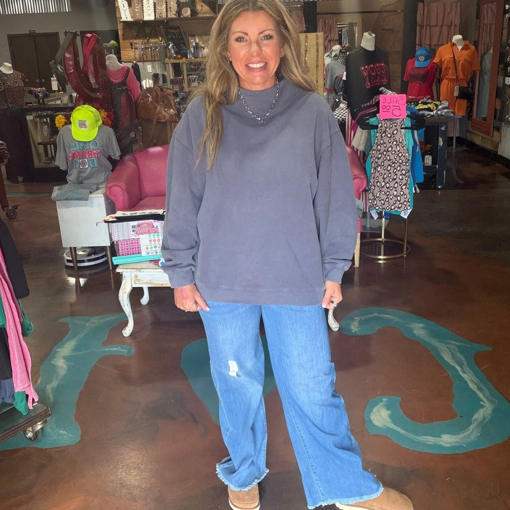 Navy Mock Neck Oversized Sweatshirt - Country Lace Boutique