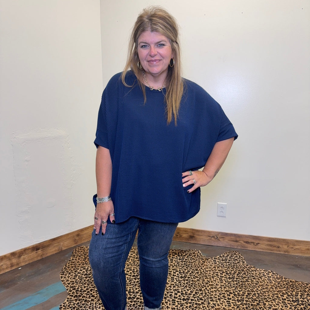 Navy Ribbed Dolman Shortsleeve Top - Country Lace Boutique