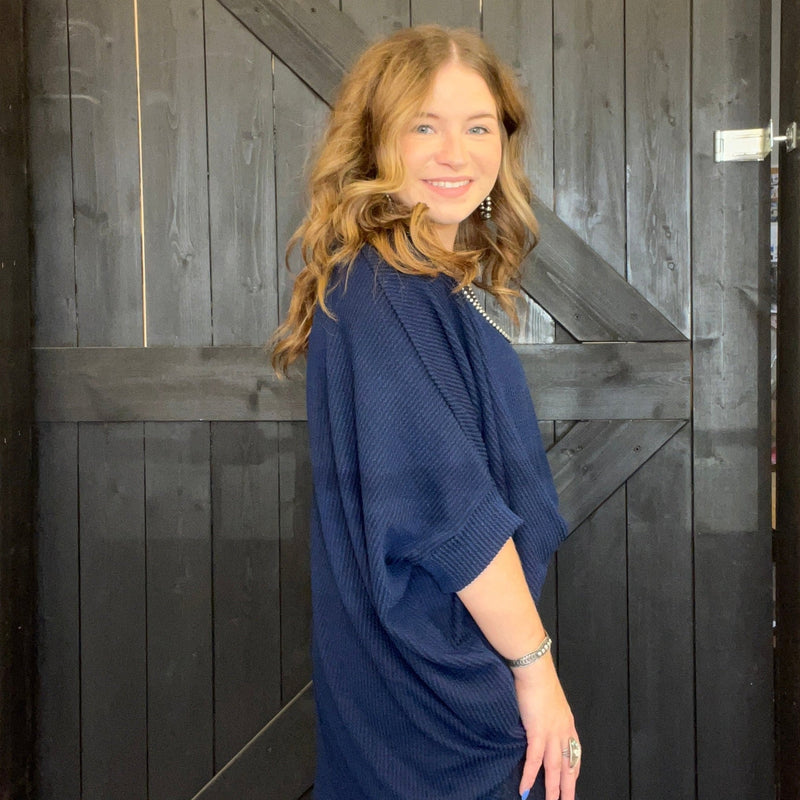 Navy Ribbed Dolman Shortsleeve Top - Country Lace Boutique