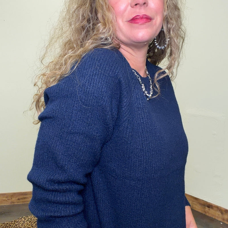 Navy Soft Ribbed Crew Neck Long Sleeve Sweater - Country Lace Boutique