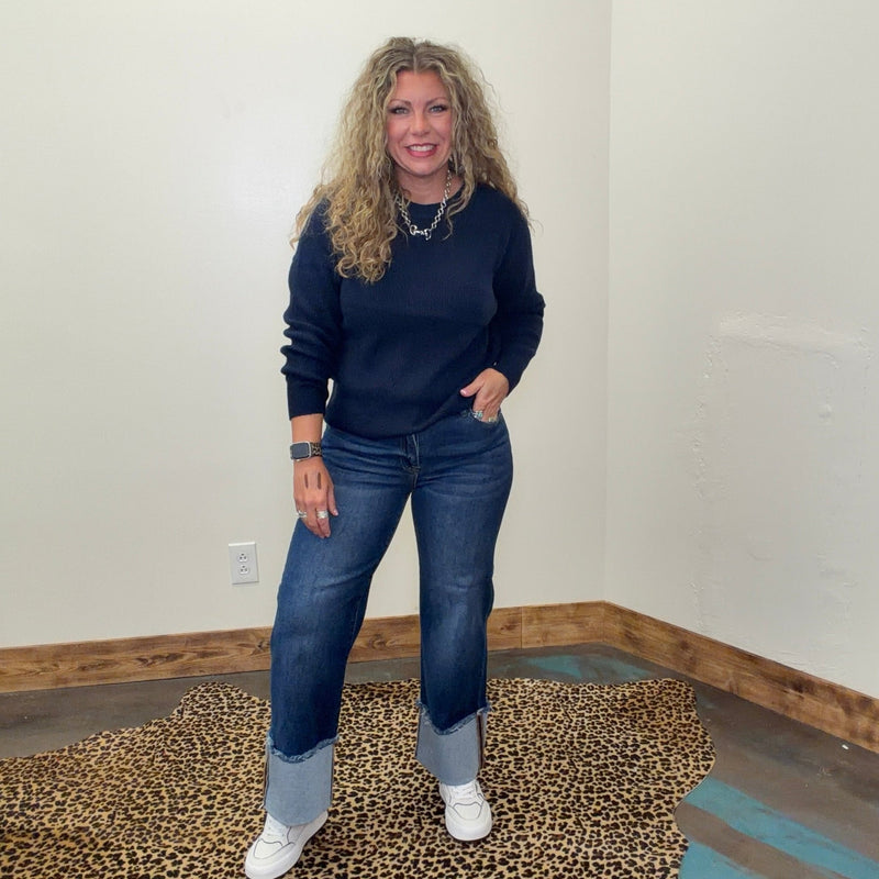 Navy Soft Ribbed Crew Neck Long Sleeve Sweater - Country Lace Boutique