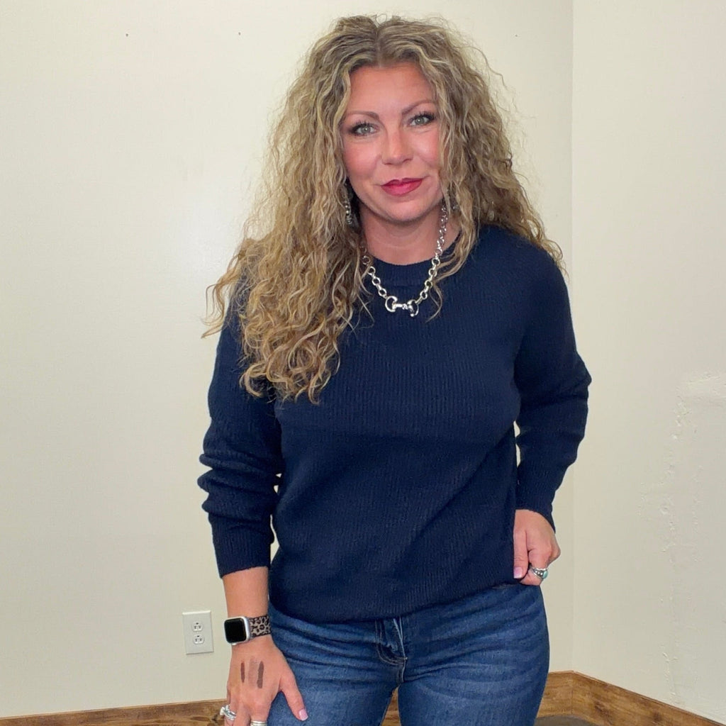 Navy Soft Ribbed Crew Neck Long Sleeve Sweater - Country Lace Boutique