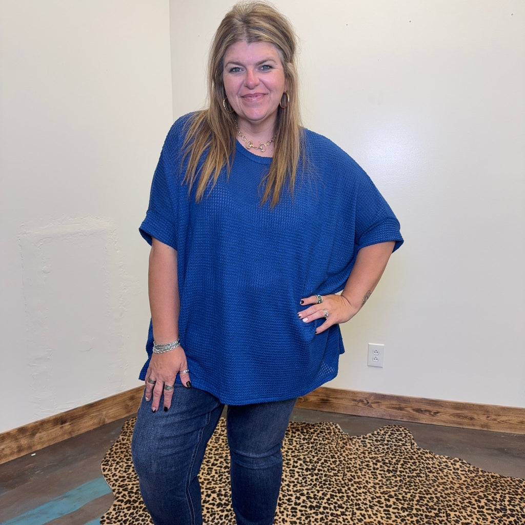 Navy Waffle Dolman Short Sleeve Top - Country Lace Boutique