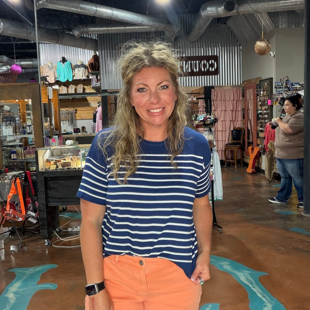 Navy & White Striped Short Sleeve Knit Top - Country Lace Boutique