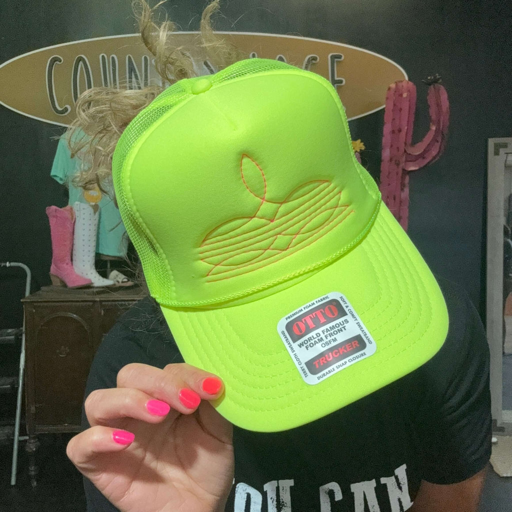 Neon Yellow with Pink Boot Stitch Trucker Hat - Country Lace Boutique