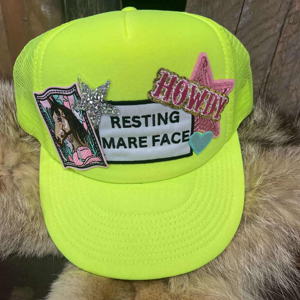 neon resting mare face custom trucker hat