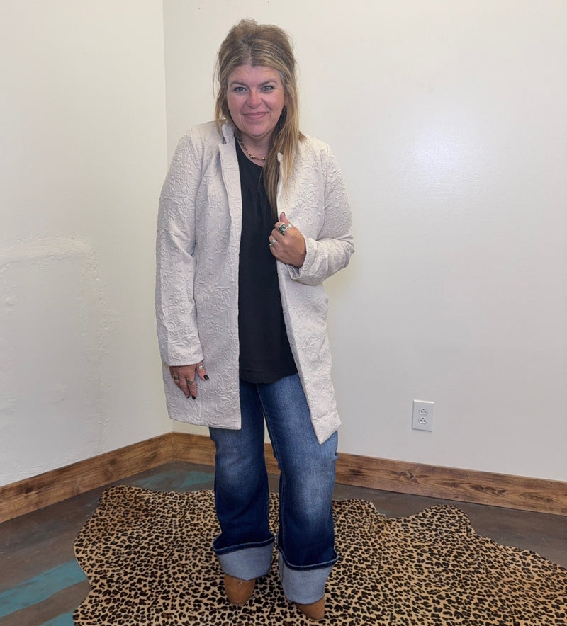 Oatmeal Cream Embossed Long Sleeve Swing Cardigan/Jacket - Country Lace Boutique