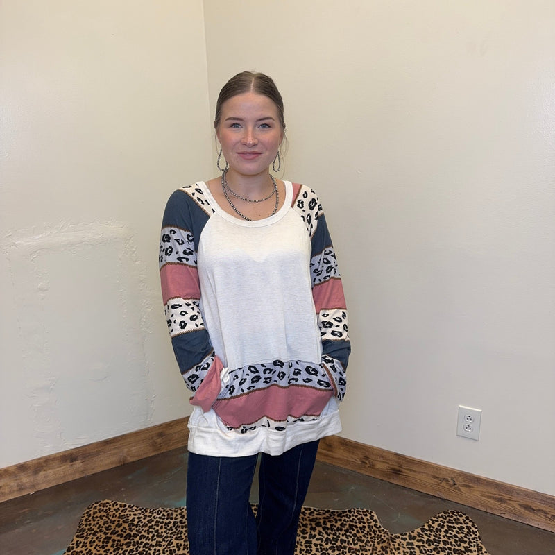 Oatmeal Leopard Combo W/ Front Pocket Long Sleeve Top - Country Lace Boutique