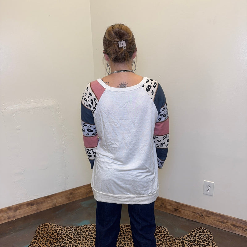 Oatmeal Leopard Combo W/ Front Pocket Long Sleeve Top - Country Lace Boutique