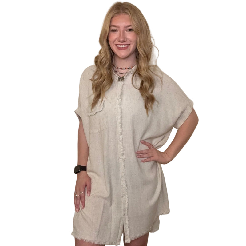 Oatmeal Linen Button Down Short Dress Medium