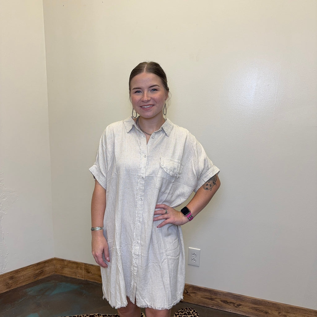 Oatmeal Linen Button Down Short Dress - Country Lace Boutique
