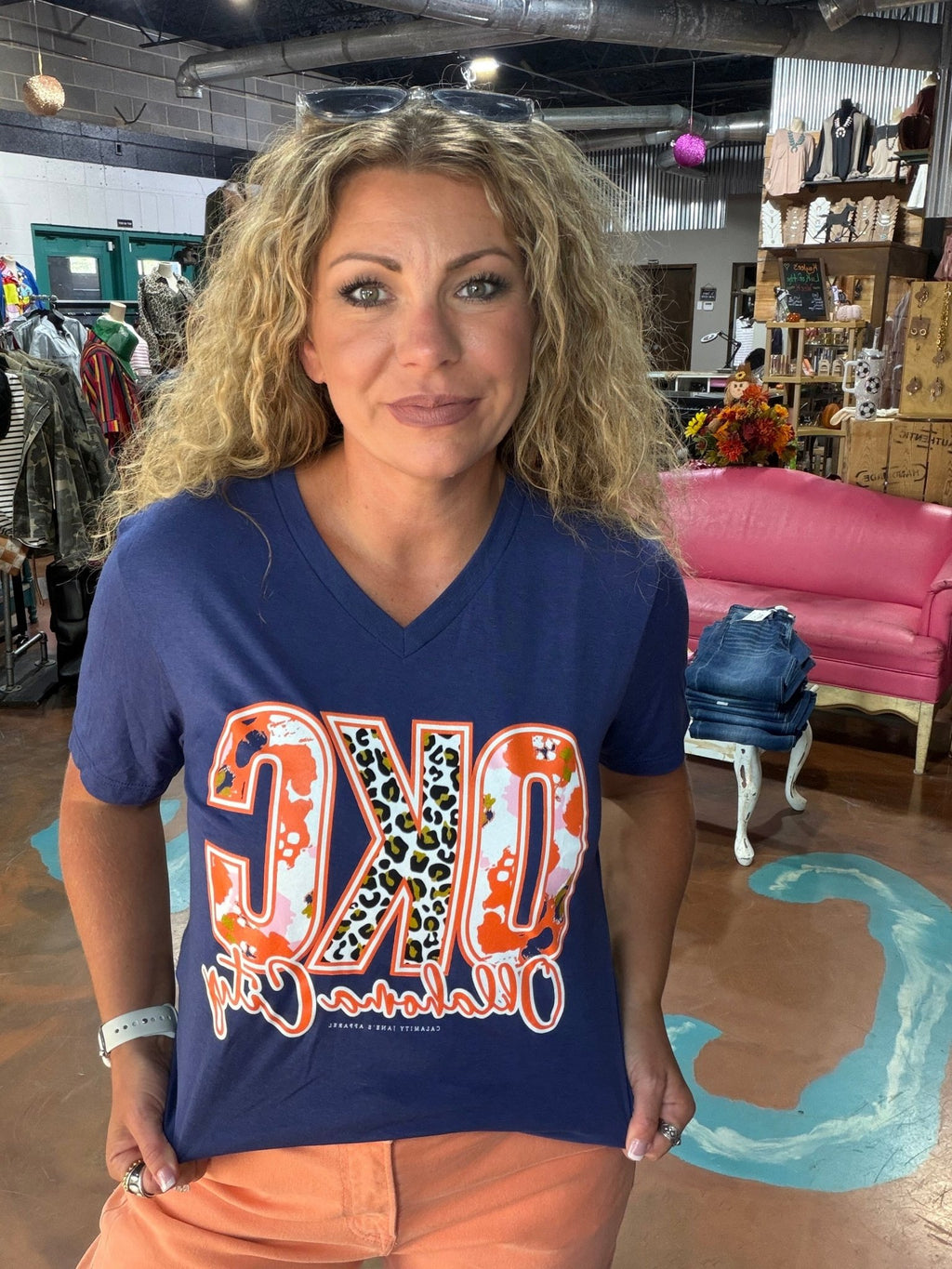 OKC Spirit Mixed Pattern V Neck Tee - Country Lace Boutique