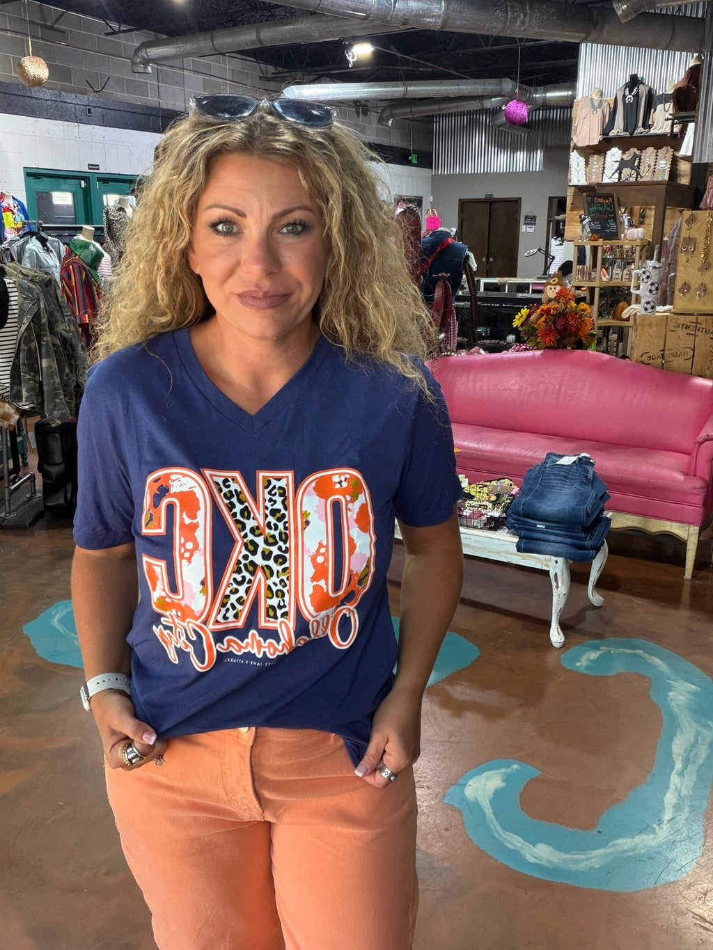 OKC Spirit Mixed Pattern V Neck Tee - Country Lace Boutique