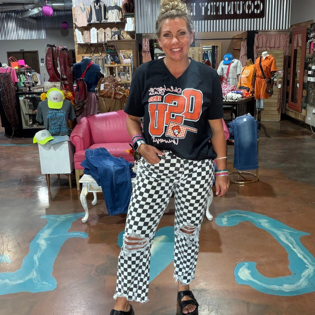 Oklahoma State Cowboys OSU Polka Dot & Gingham Pattern V Neck Tee - Country Lace Boutique