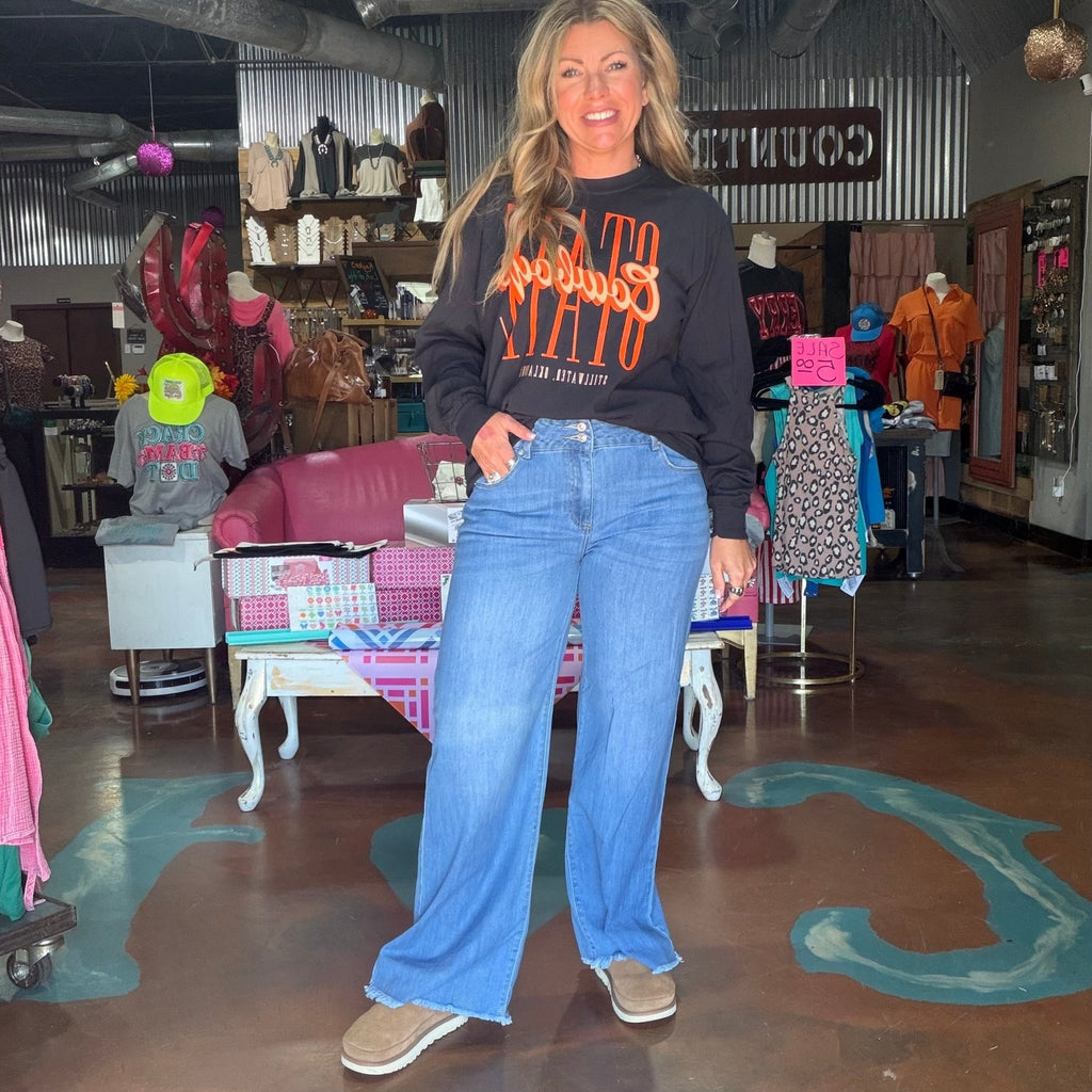Oklahoma State University Cowboys Script Black Comfort Color Crew Neck Long Sleeve Tee - Country Lace Boutique