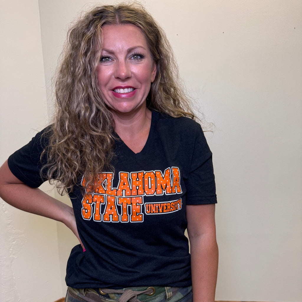 Oklahoma State University Modern Storyboard V Neck Short Sleeve T Shirt - Country Lace Boutique